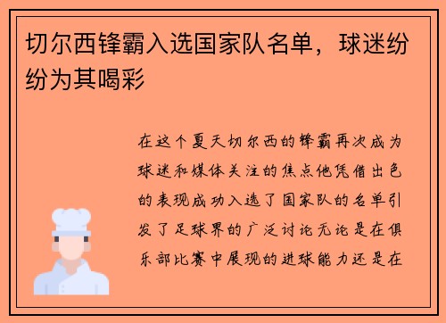 切尔西锋霸入选国家队名单，球迷纷纷为其喝彩