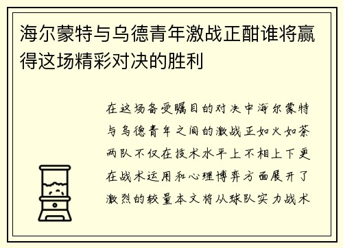 海尔蒙特与乌德青年激战正酣谁将赢得这场精彩对决的胜利