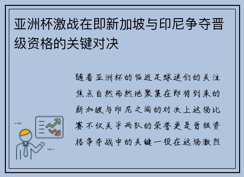 亚洲杯激战在即新加坡与印尼争夺晋级资格的关键对决