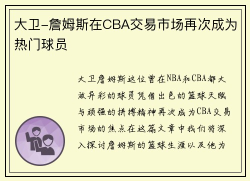大卫-詹姆斯在CBA交易市场再次成为热门球员