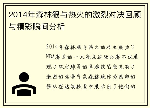 2014年森林狼与热火的激烈对决回顾与精彩瞬间分析
