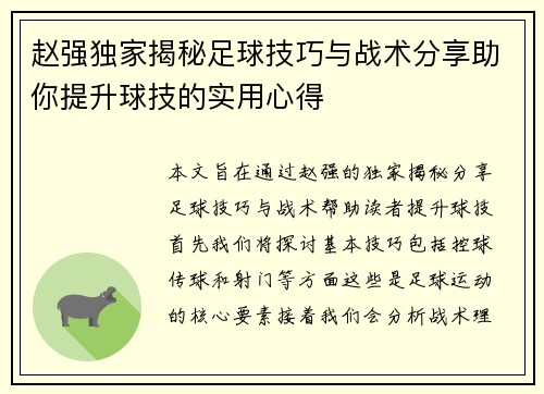 赵强独家揭秘足球技巧与战术分享助你提升球技的实用心得