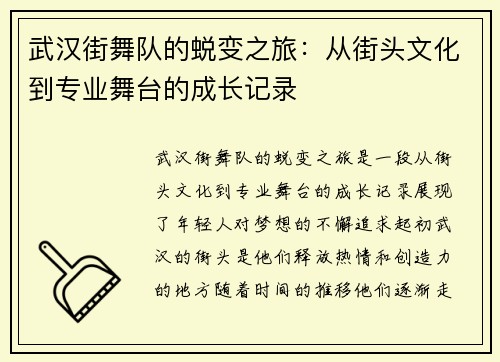 武汉街舞队的蜕变之旅：从街头文化到专业舞台的成长记录