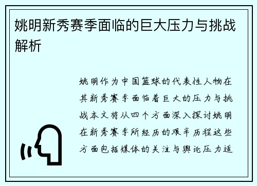 姚明新秀赛季面临的巨大压力与挑战解析