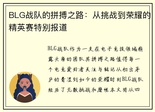 BLG战队的拼搏之路：从挑战到荣耀的精英赛特别报道