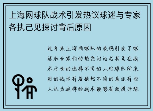 上海网球队战术引发热议球迷与专家各执己见探讨背后原因