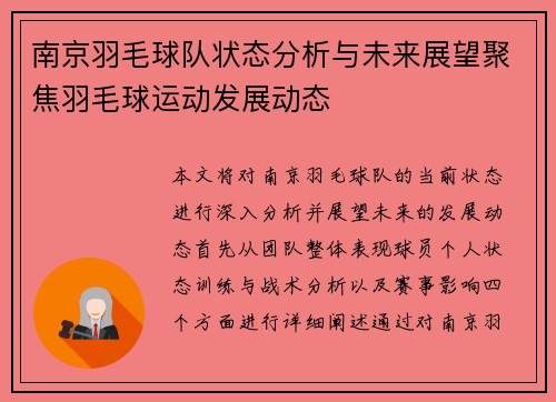南京羽毛球队状态分析与未来展望聚焦羽毛球运动发展动态