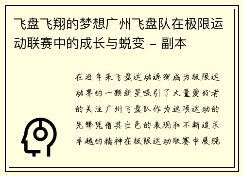 飞盘飞翔的梦想广州飞盘队在极限运动联赛中的成长与蜕变 - 副本