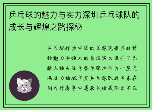 乒乓球的魅力与实力深圳乒乓球队的成长与辉煌之路探秘
